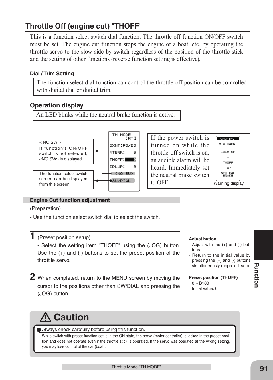 Caution, Throttle off (engine cut) " thoff | Futaba 4GRS User Manual | Page 91 / 128
