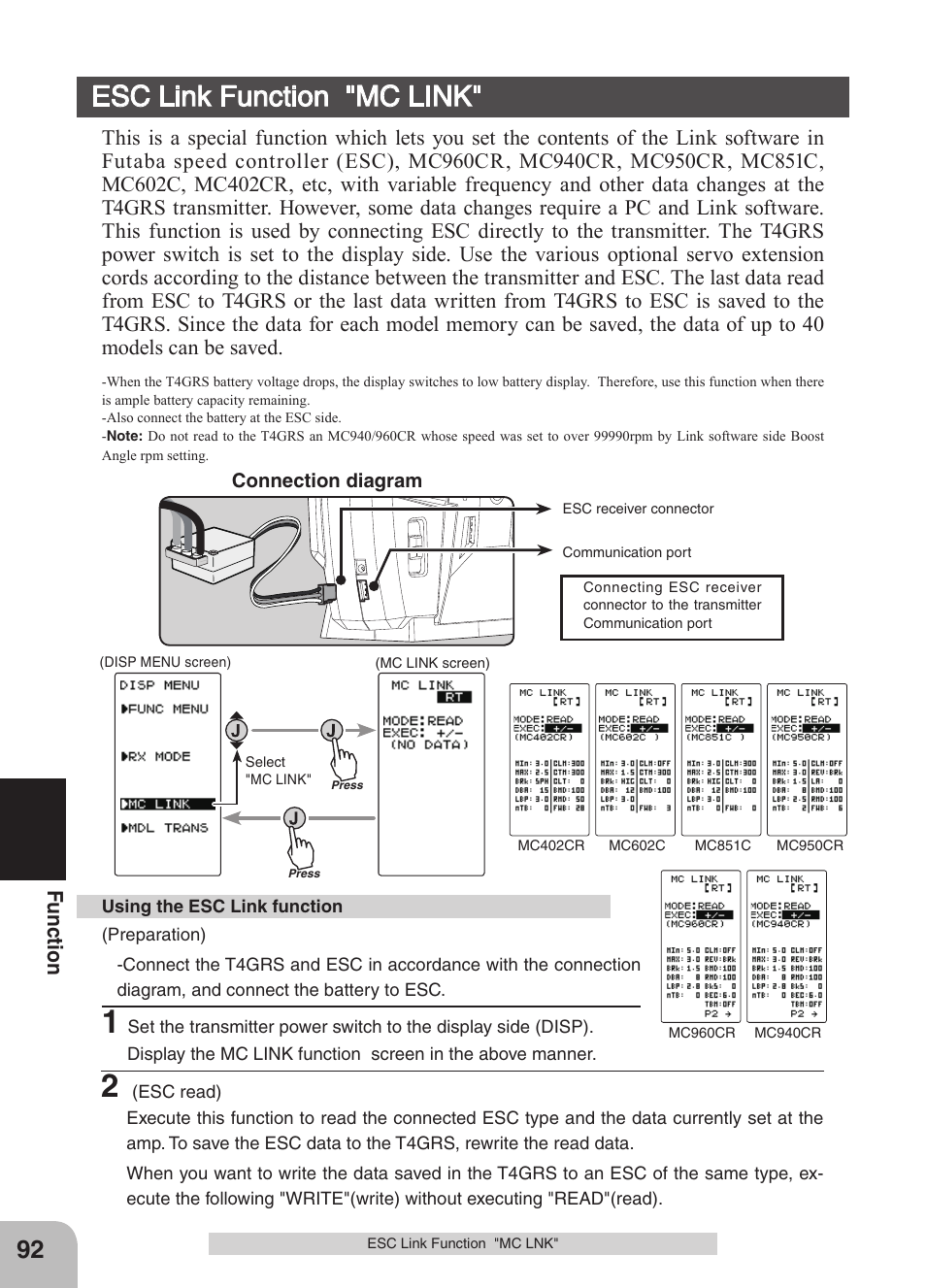 Esc link function "mc link | Futaba 4GRS User Manual | Page 92 / 128