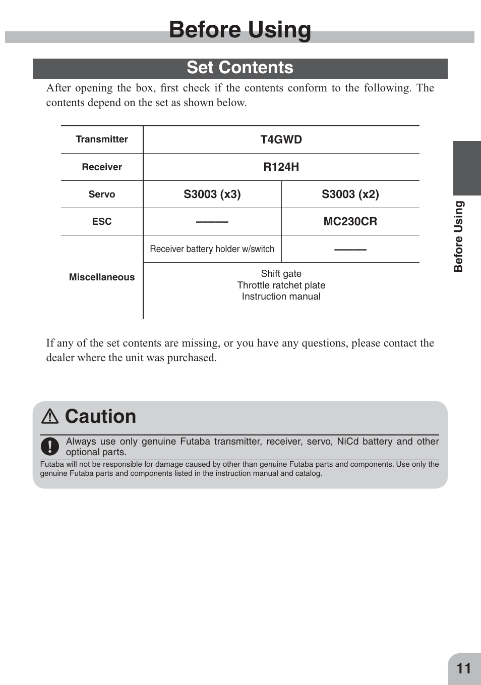 Before using, Ｎ caution, Set contents | Futaba 4GWD User Manual | Page 10 / 36