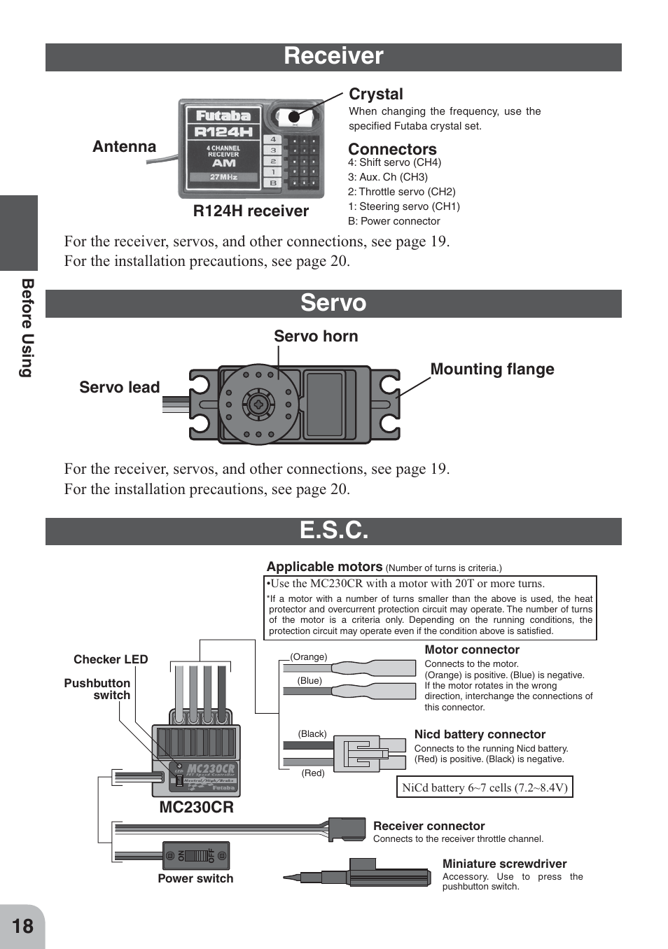 Receiver, Servo, E.s.c | Futaba 4GWD User Manual | Page 17 / 36