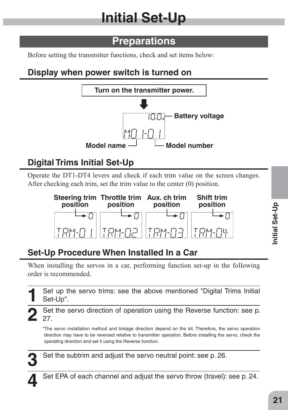 Initial set-up, Preparations | Futaba 4GWD User Manual | Page 20 / 36