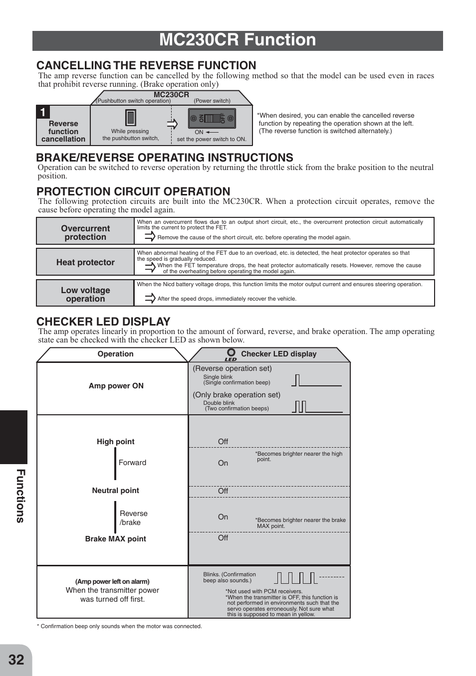 Mc230cr function, Functions, Brake/reverse operating instructions | Cancelling the reverse function, Checker led display, Protection circuit operation | Futaba 4GWD User Manual | Page 31 / 36