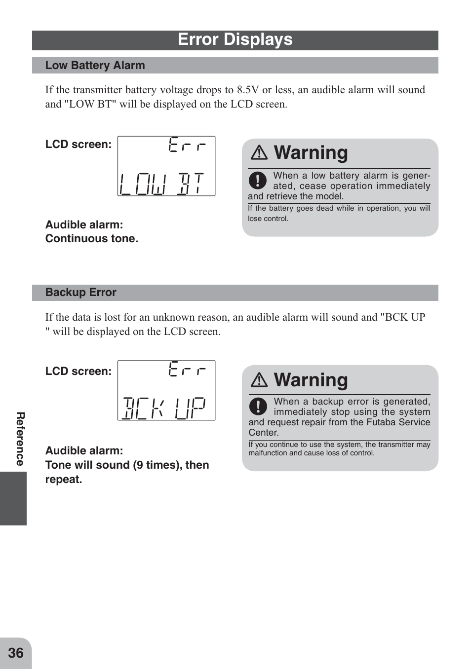 Ｎ warning, Error displays | Futaba 4GWD User Manual | Page 35 / 36