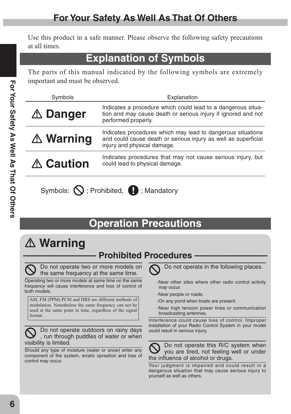 Ｎ warning, Ｎ danger, Ｎ caution | Operation precautions, Explanation of symbols, For your safety as well as that of others, Prohibited procedures | Futaba 4GWD User Manual | Page 5 / 36