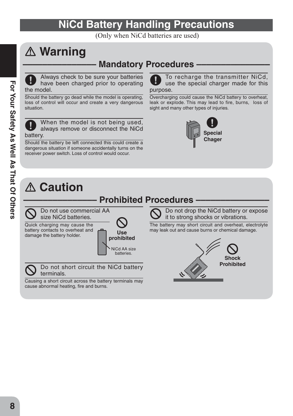 Ｊｌ ｌ, Ｎ warning, Ｎ caution | Nicd battery handling precautions, Mandatory procedures, Prohibited procedures | Futaba 4GWD User Manual | Page 7 / 36