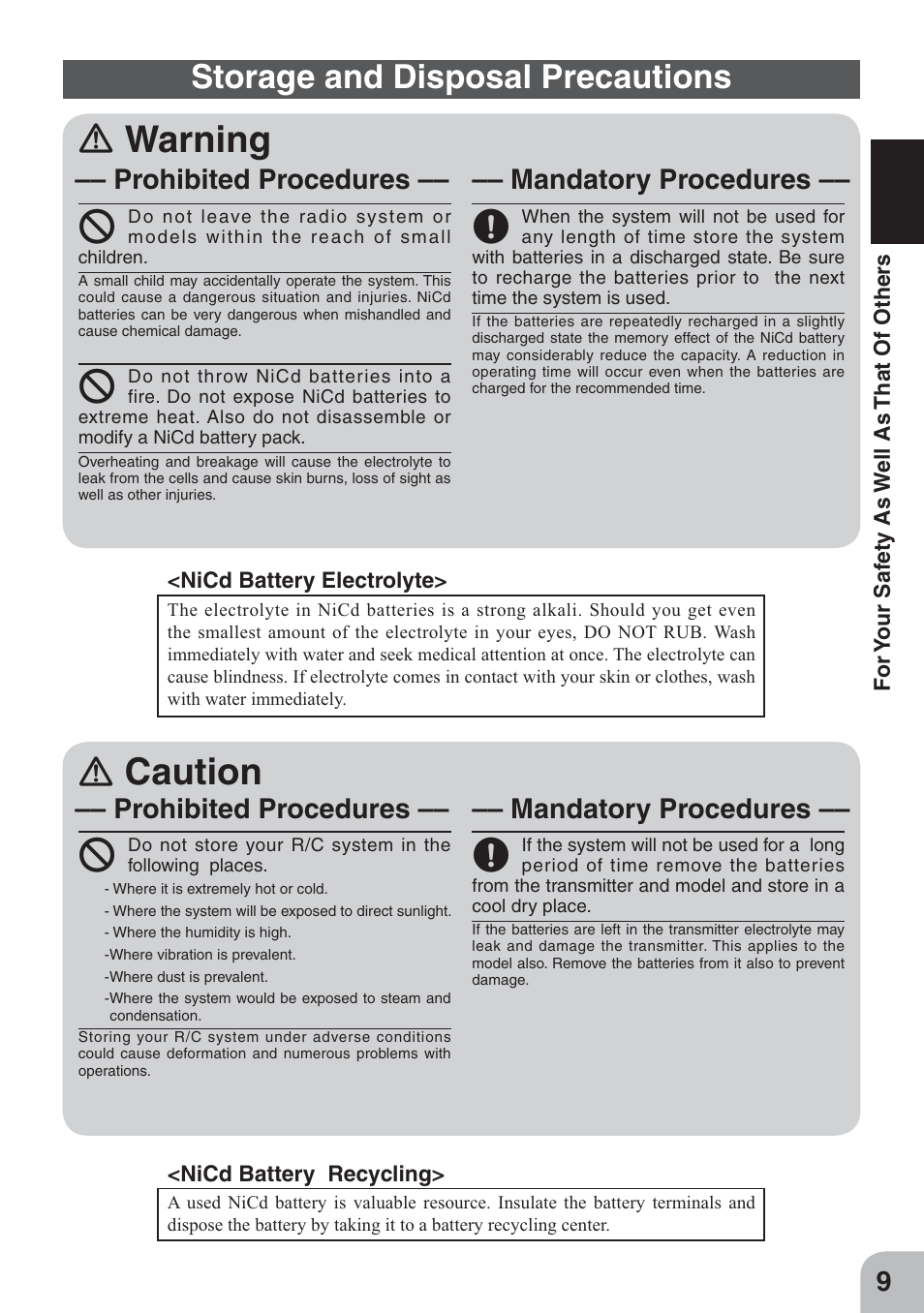 Ｎ warning, Ｎ caution, Storage and disposal precautions | Prohibited procedures, Mandatory procedures | Futaba 4GWD User Manual | Page 8 / 36
