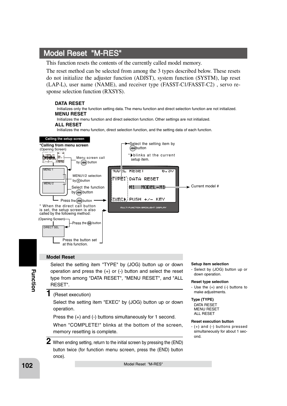 Model reset "m-res, Fu n c tio n | Futaba 4PK 2.4GHz User Manual | Page 101 / 125