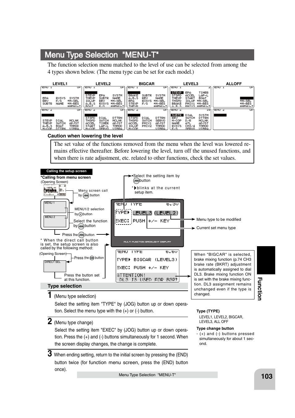 Menu type selection "menu-t, Fu n c tio n | Futaba 4PK 2.4GHz User Manual | Page 102 / 125