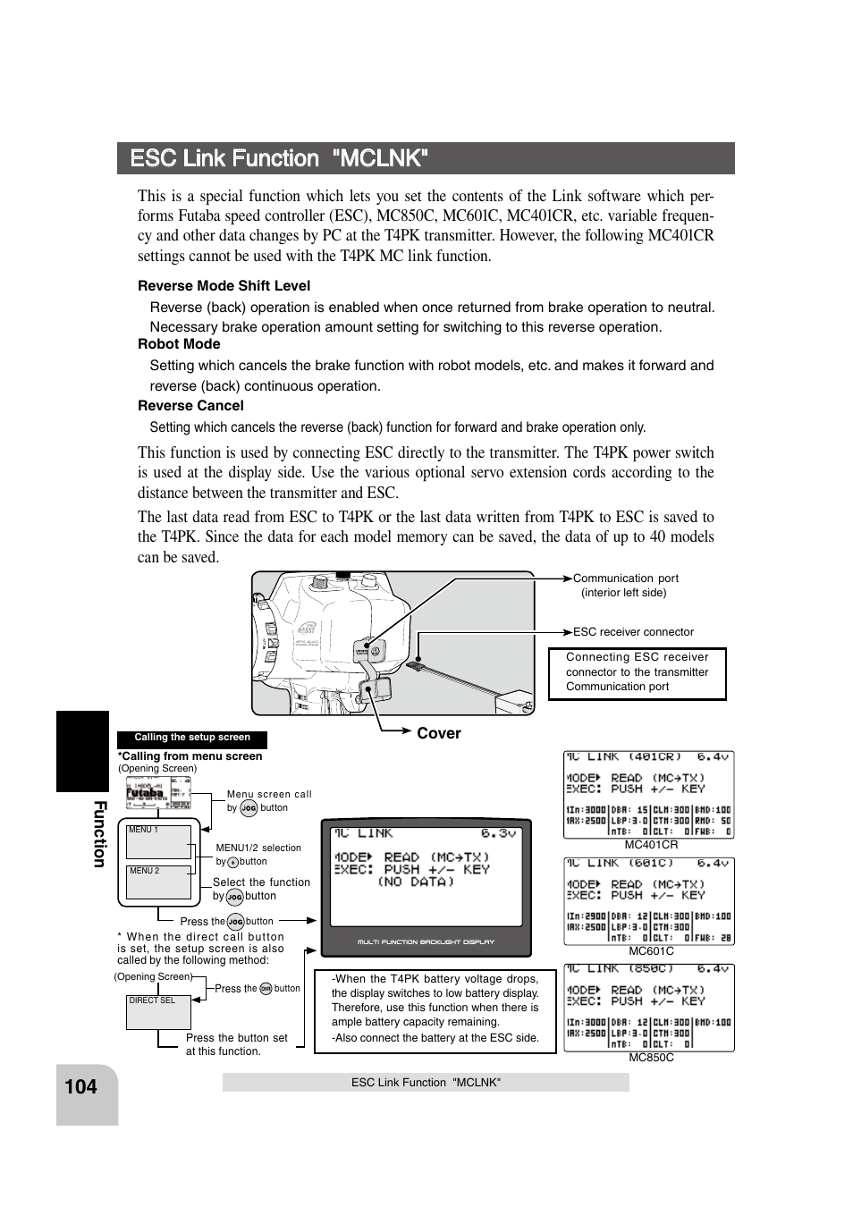 Esc link function "mclnk, Fu n c tio n | Futaba 4PK 2.4GHz User Manual | Page 103 / 125