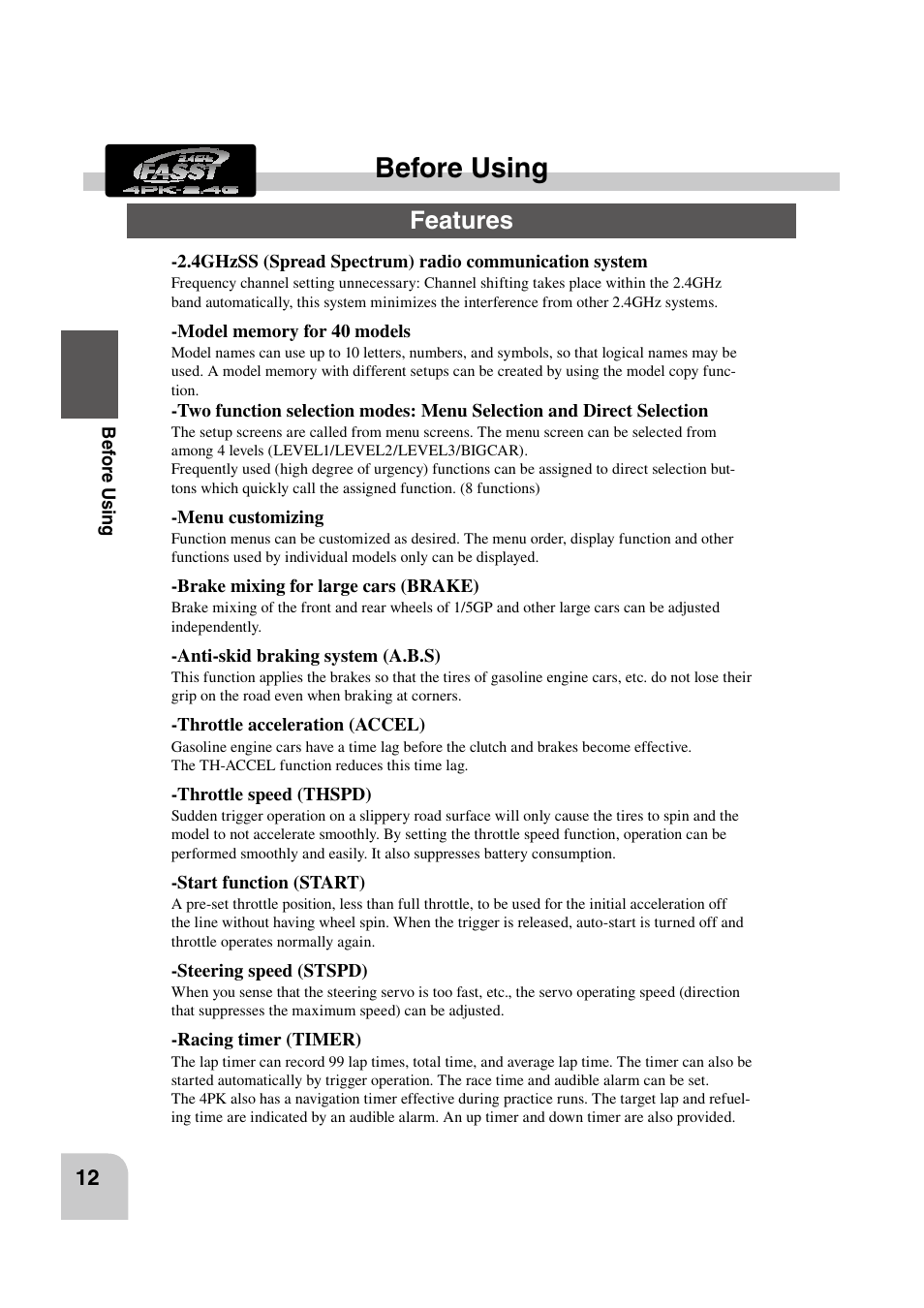 Before using, Features | Futaba 4PK 2.4GHz User Manual | Page 11 / 125