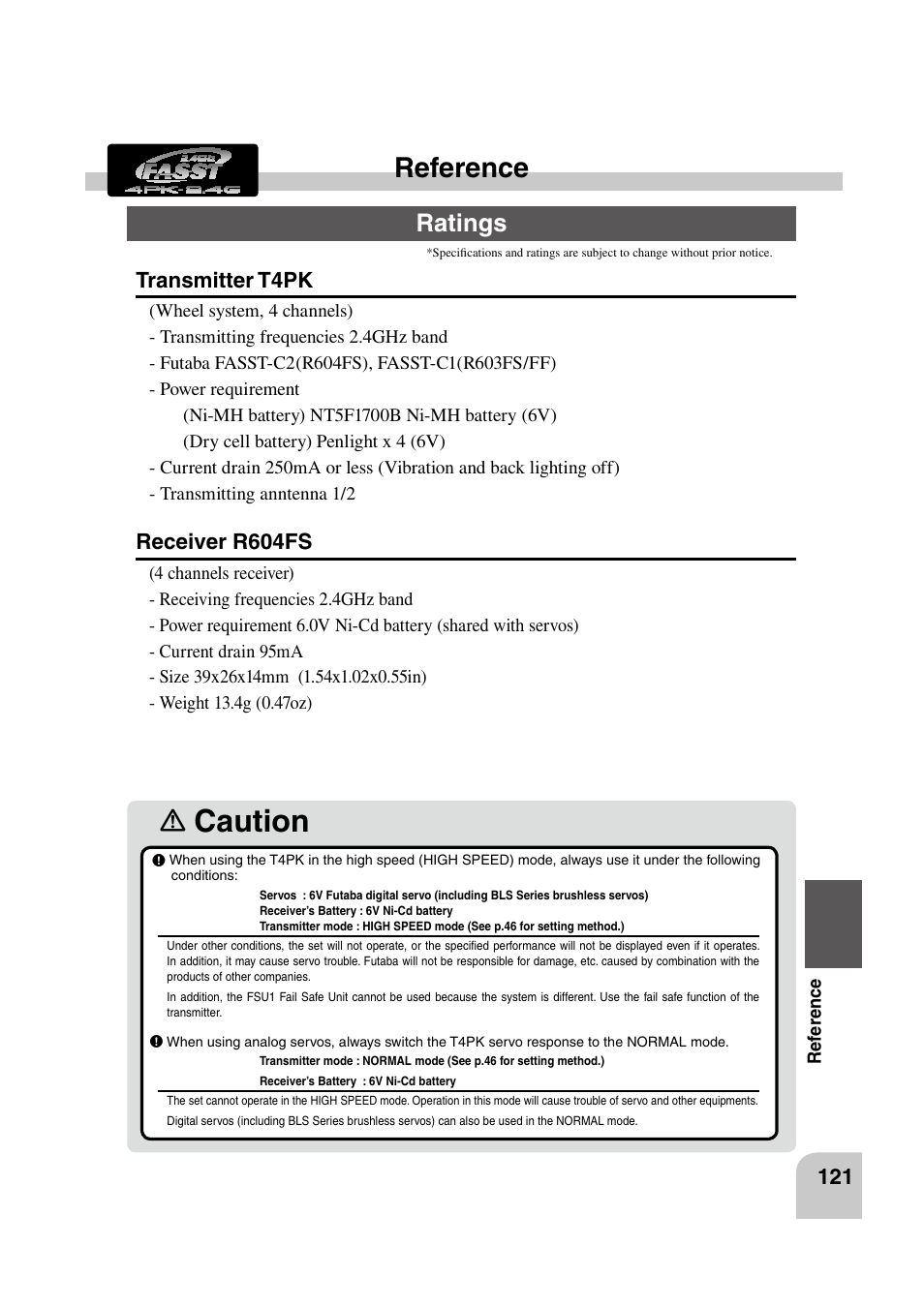 Caution, Reference, Ratings | Transmitter t4pk, Receiver r604fs | Futaba 4PK 2.4GHz User Manual | Page 120 / 125