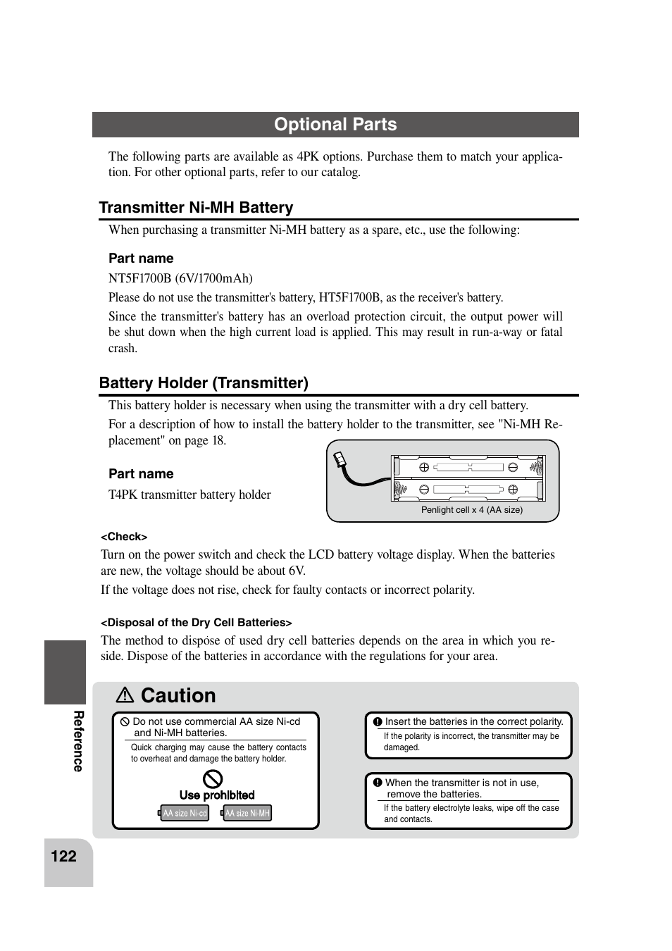 Ｎ caution, Optional parts, Transmitter ni-mh battery | Battery holder (transmitter) | Futaba 4PK 2.4GHz User Manual | Page 121 / 125