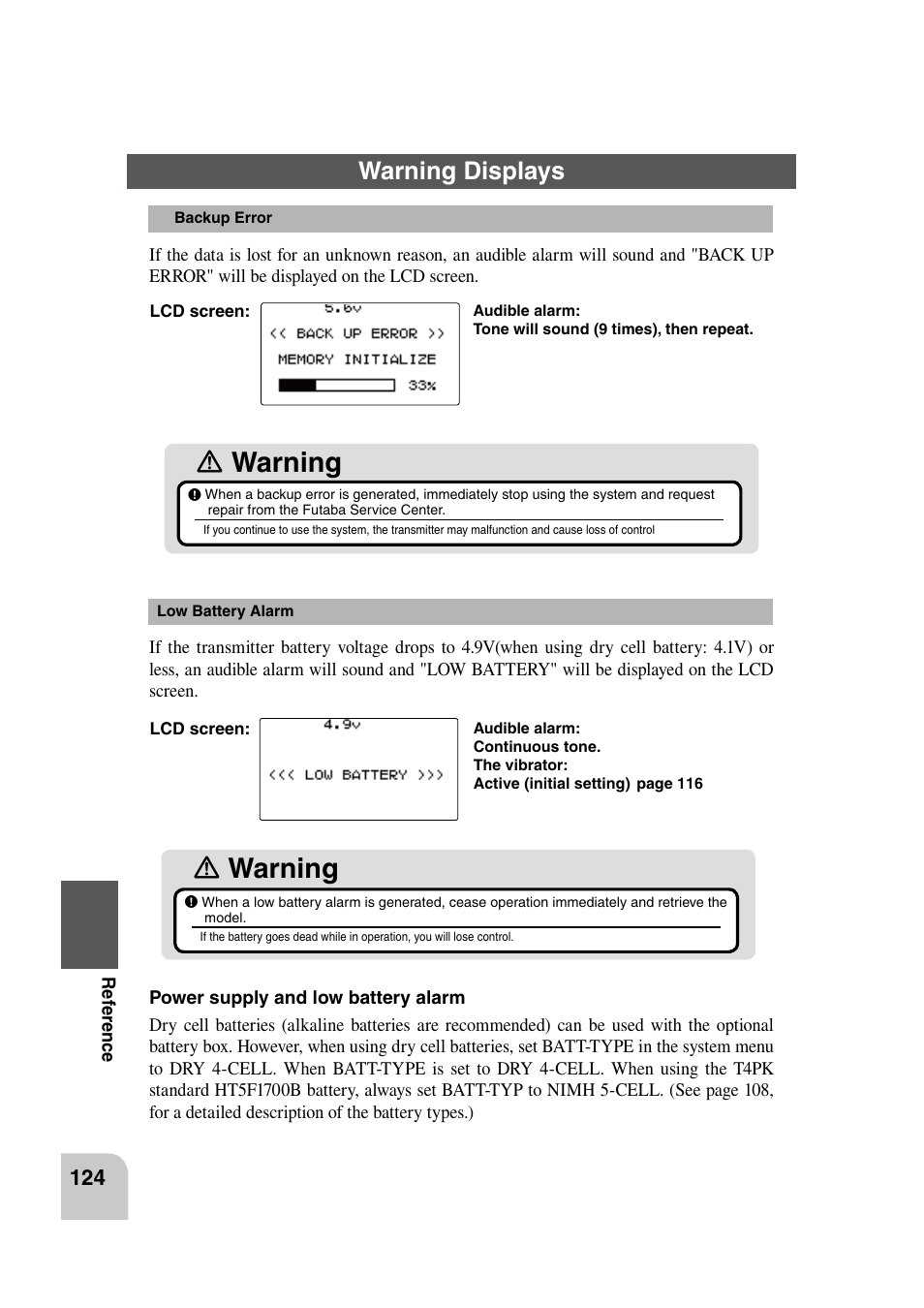 Ｎ warning, Warning displays | Futaba 4PK 2.4GHz User Manual | Page 123 / 125