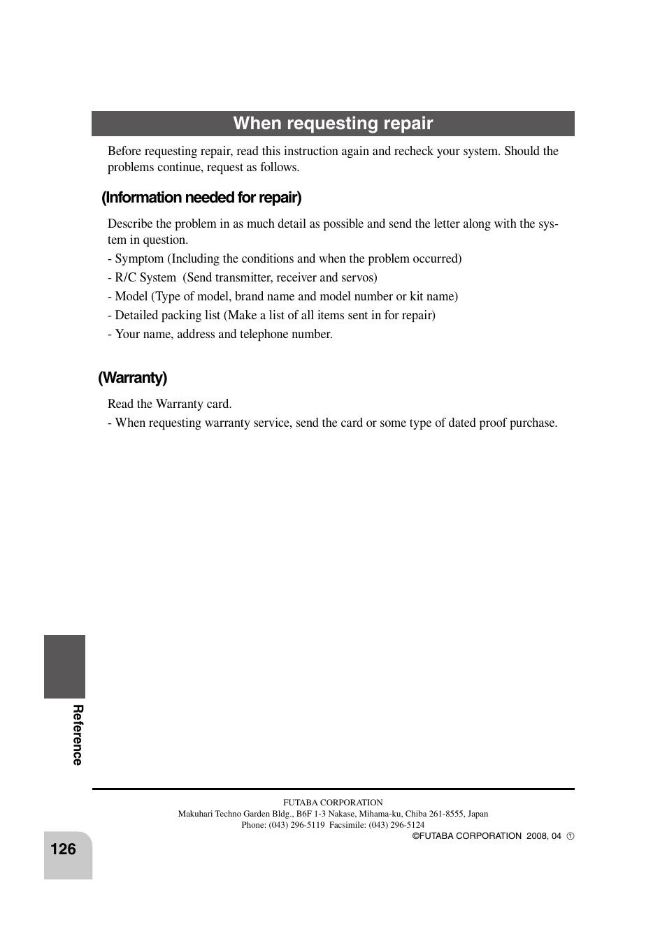 When requesting repair, Information needed for repair), Warranty) | Futaba 4PK 2.4GHz User Manual | Page 125 / 125