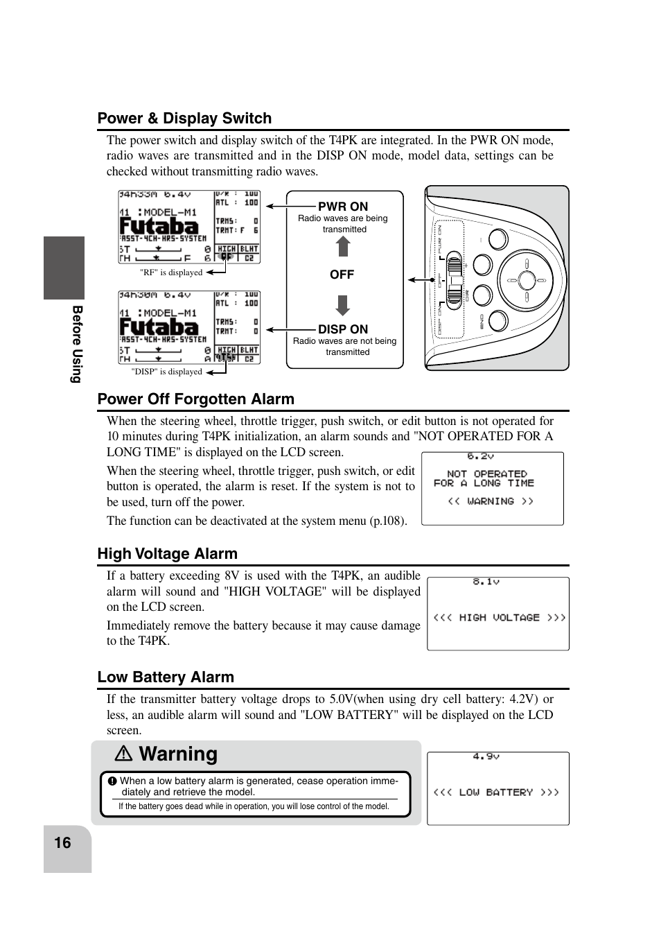 Ｎ warning, Power & display switch, Power off forgotten alarm | High voltage alarm, Low battery alarm | Futaba 4PK 2.4GHz User Manual | Page 15 / 125