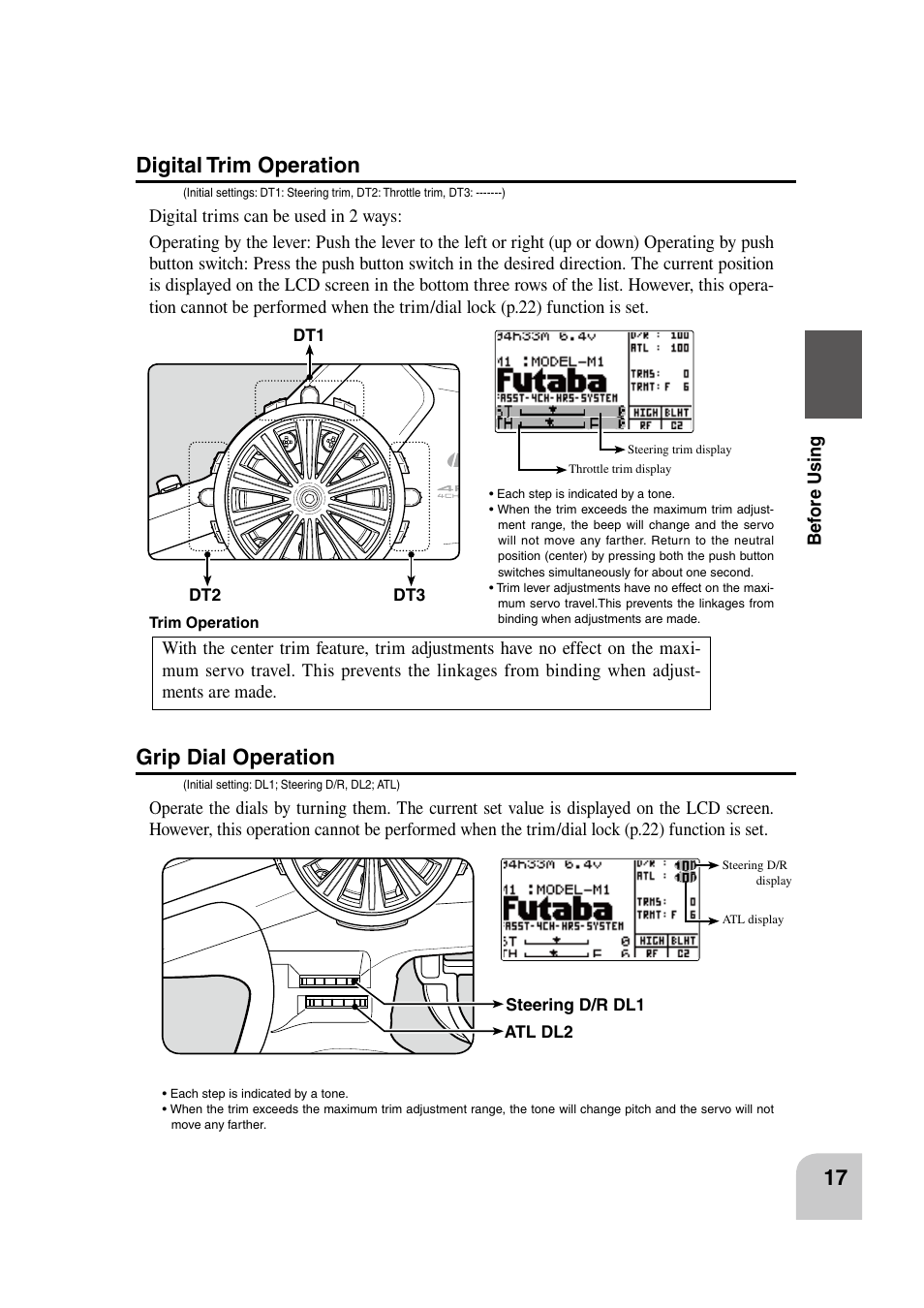 Digital trim operation, Grip dial operation | Futaba 4PK 2.4GHz User Manual | Page 16 / 125