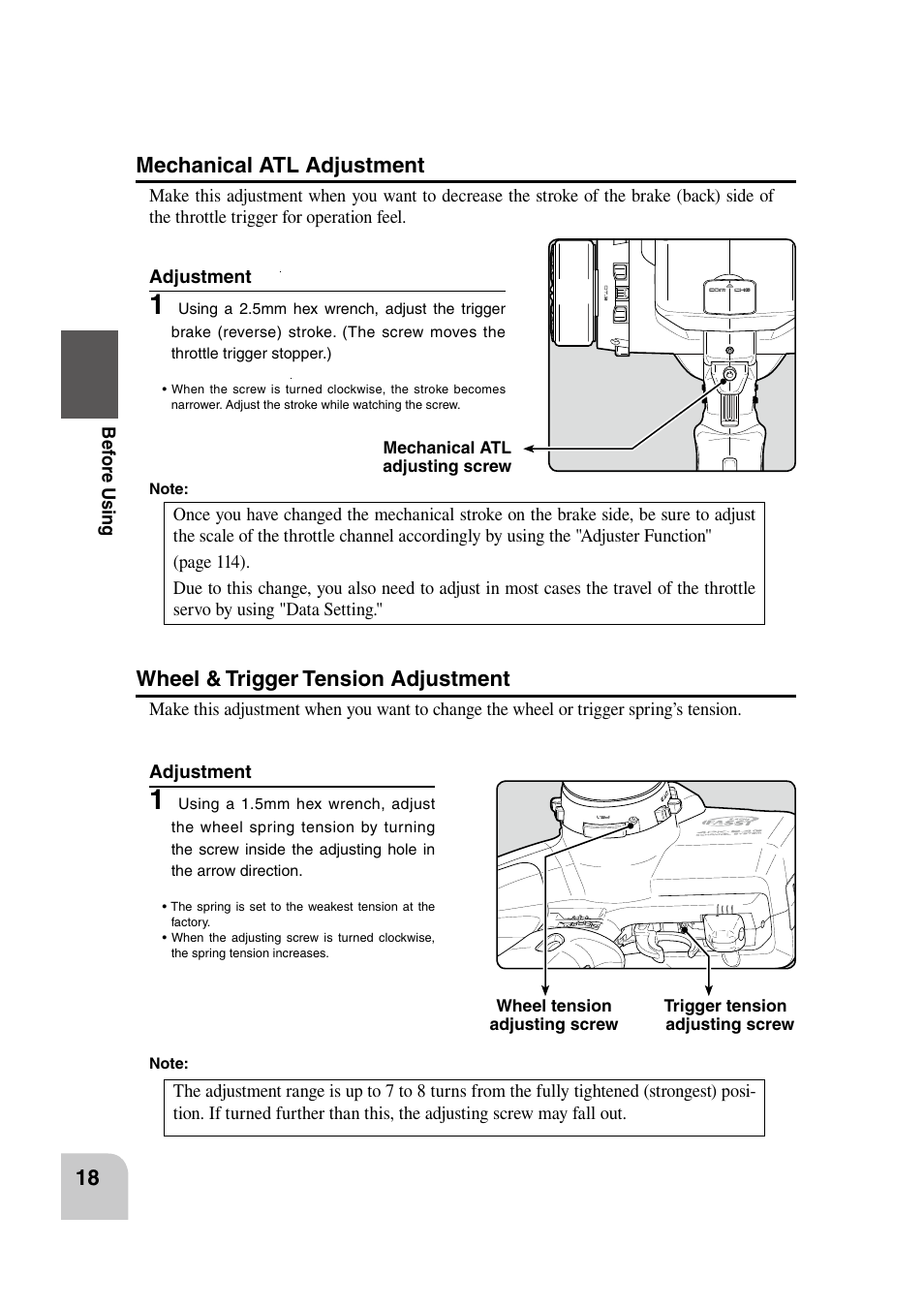 Mechanical atl adjustment, Wheel & trigger tension adjustment | Futaba 4PK 2.4GHz User Manual | Page 17 / 125