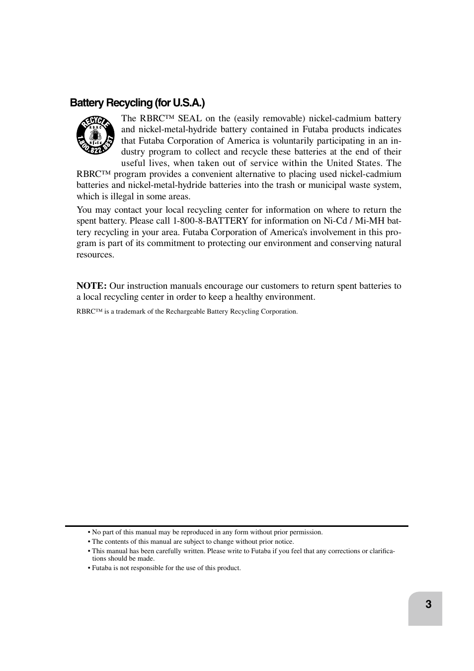 Battery recycling (for u.s.a.) | Futaba 4PK 2.4GHz User Manual | Page 2 / 125