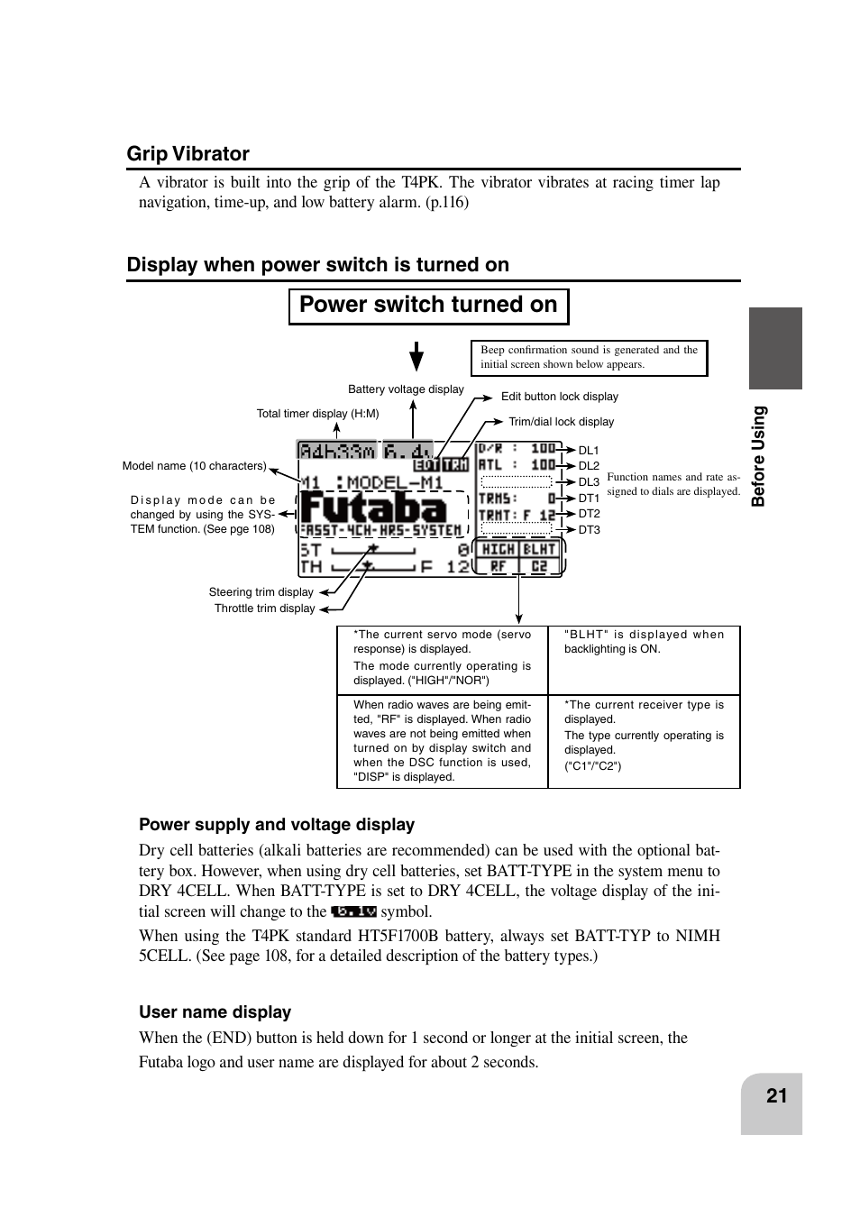 Power switch turned on, Grip vibrator, Display when power switch is turned on | Futaba 4PK 2.4GHz User Manual | Page 20 / 125