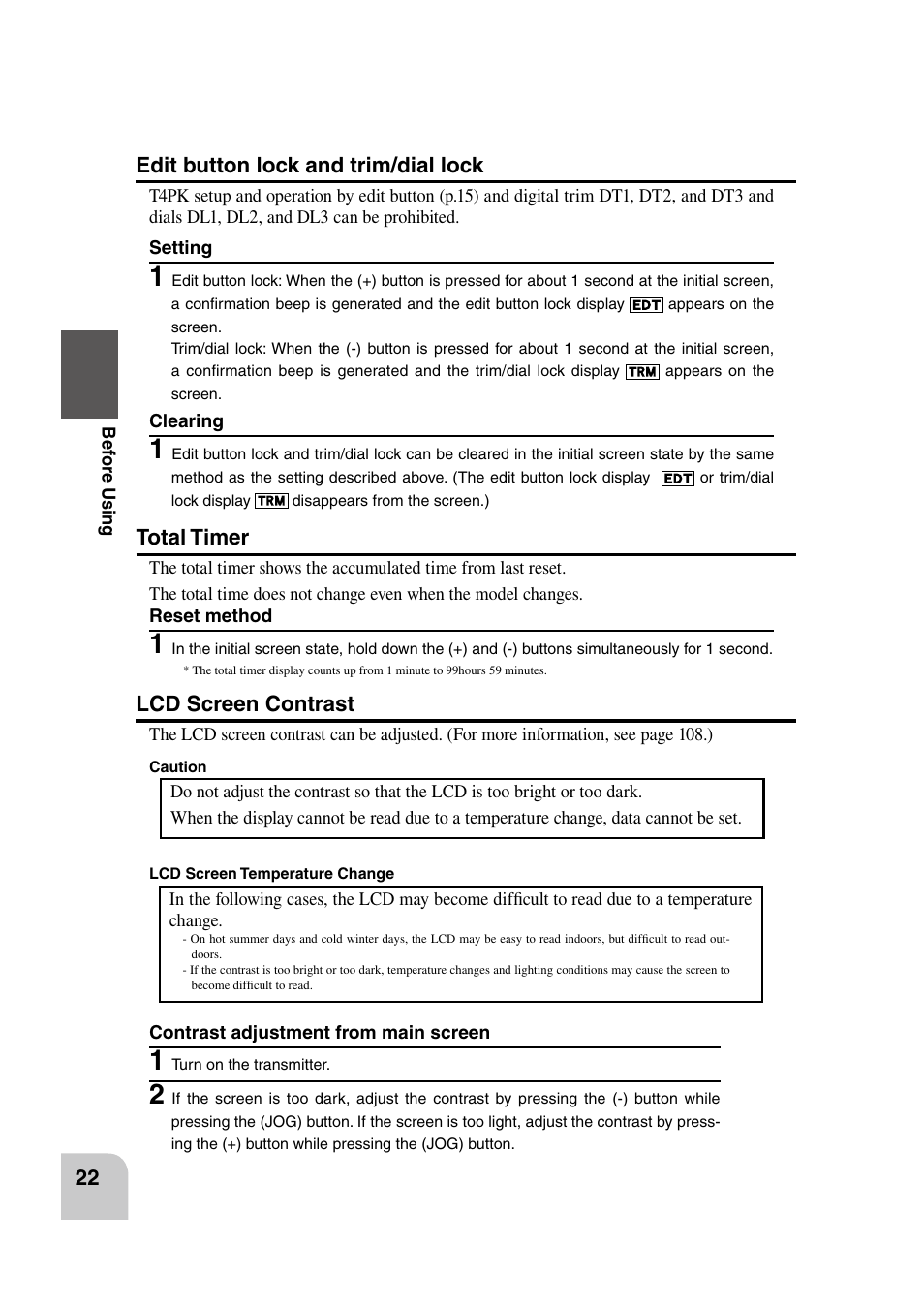 Total timer, Lcd screen contrast, Edit button lock and trim/dial lock | Futaba 4PK 2.4GHz User Manual | Page 21 / 125