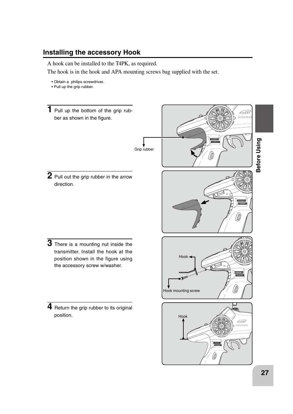 Installing the accessory hook | Futaba 4PK 2.4GHz User Manual | Page 26 / 125