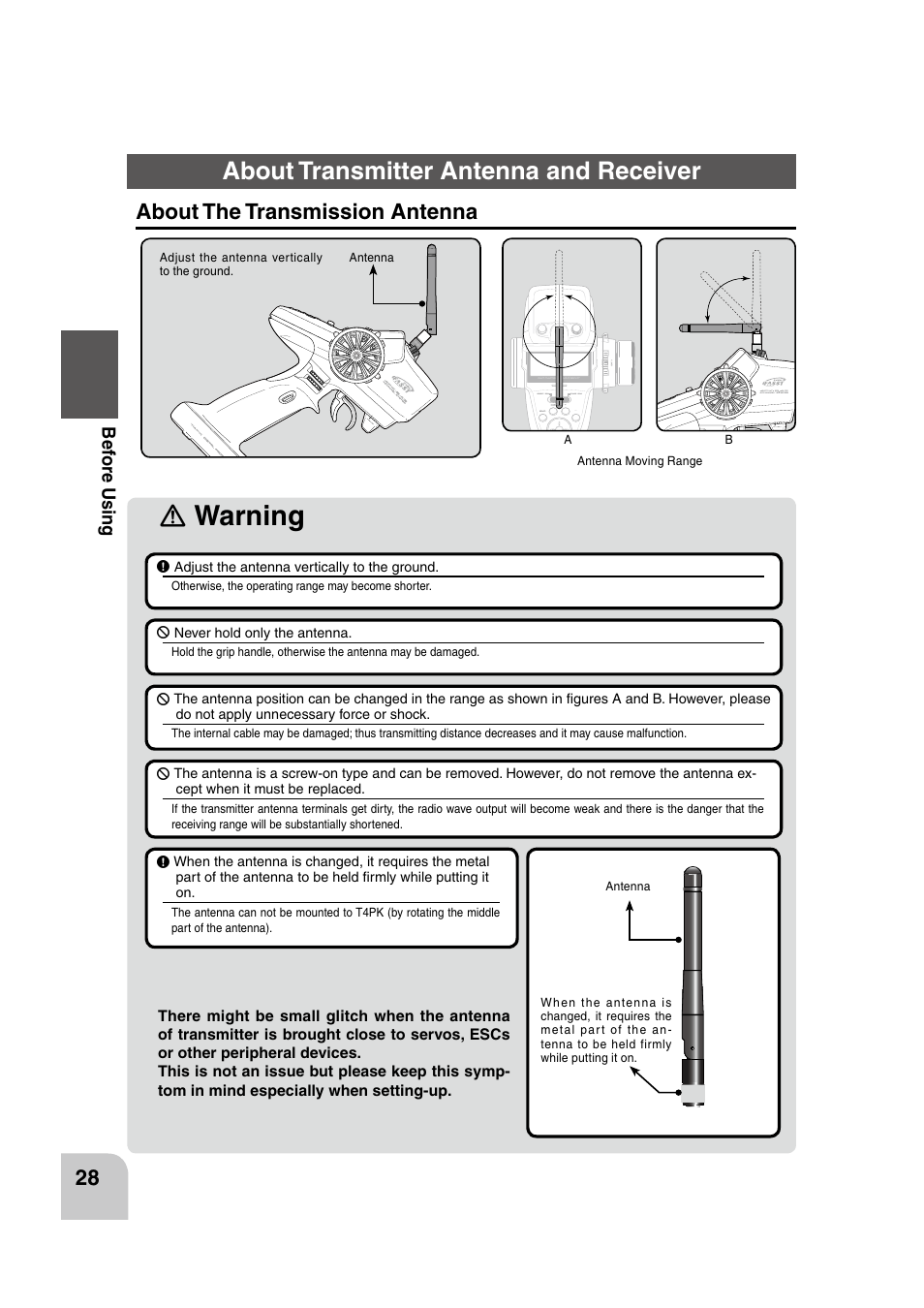 Ｎ warning, About transmitter antenna and receiver, About the transmission antenna | Be for e using | Futaba 4PK 2.4GHz User Manual | Page 27 / 125