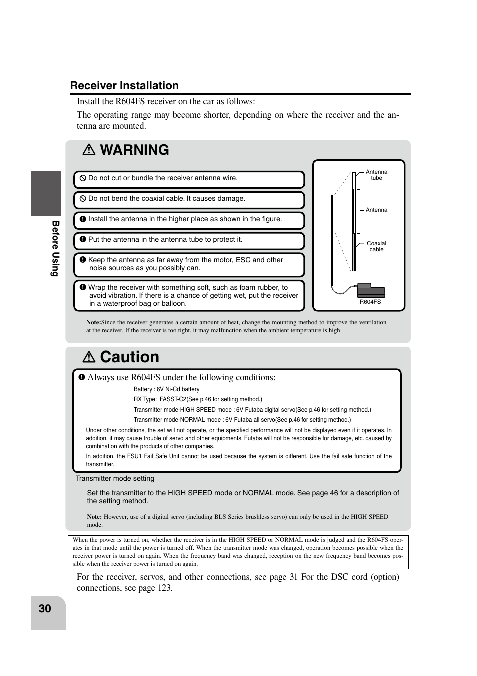 Caution, Ｎ warning ｎ, Receiver installation | Be for e using, Always use r604fs under the following conditions | Futaba 4PK 2.4GHz User Manual | Page 29 / 125