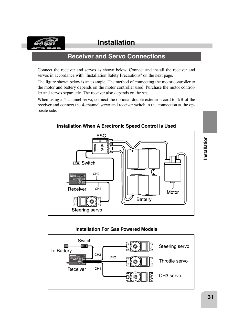 Installation, Receiver and servo connections | Futaba 4PK 2.4GHz User Manual | Page 30 / 125