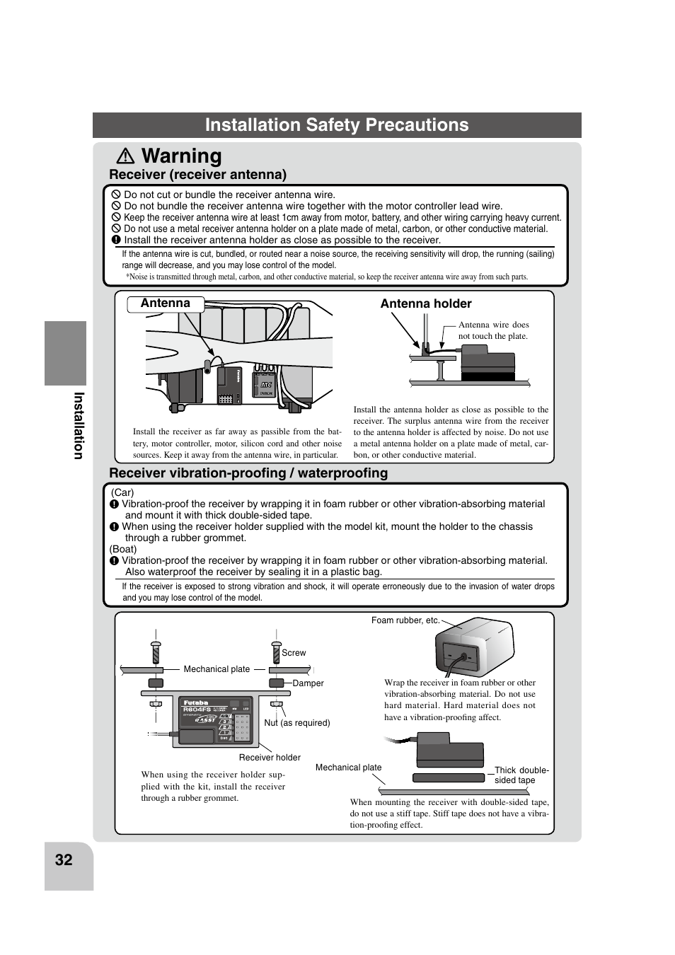 Ｎ warning, Installation safety precautions | Futaba 4PK 2.4GHz User Manual | Page 31 / 125