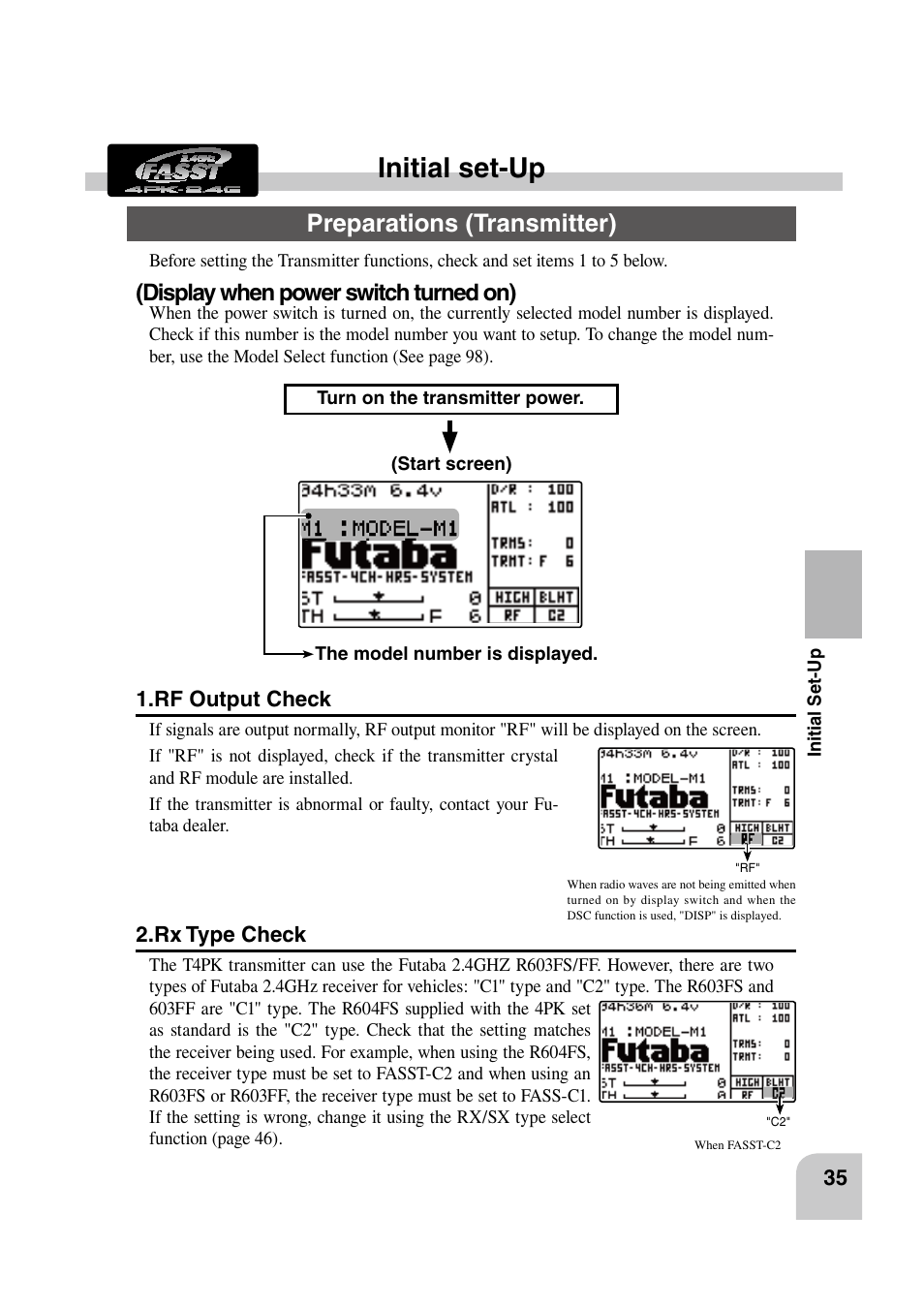 Initial set-up, Preparations (transmitter), Display when power switch turned on) | Futaba 4PK 2.4GHz User Manual | Page 34 / 125