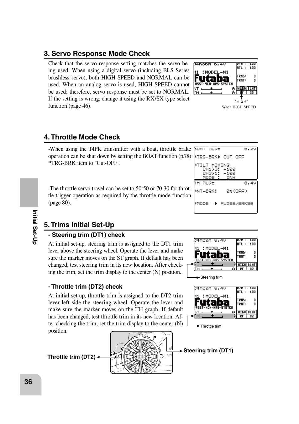 Trims initial set-up, Servo response mode check, Throttle mode check | Futaba 4PK 2.4GHz User Manual | Page 35 / 125