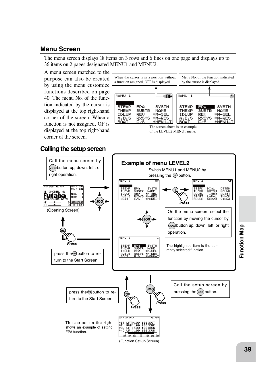 Menu screen, Calling the setup screen, Example of menu level2 | Futaba 4PK 2.4GHz User Manual | Page 38 / 125