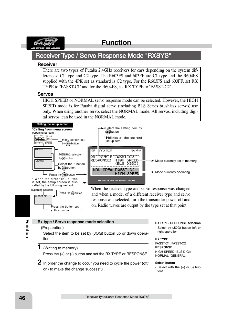 Function, Receiver type / servo response mode "rxsys, Fu n c tio n | Fasst-c1, And for the r604fs, set rx type to, Fasst-c2 | Futaba 4PK 2.4GHz User Manual | Page 45 / 125