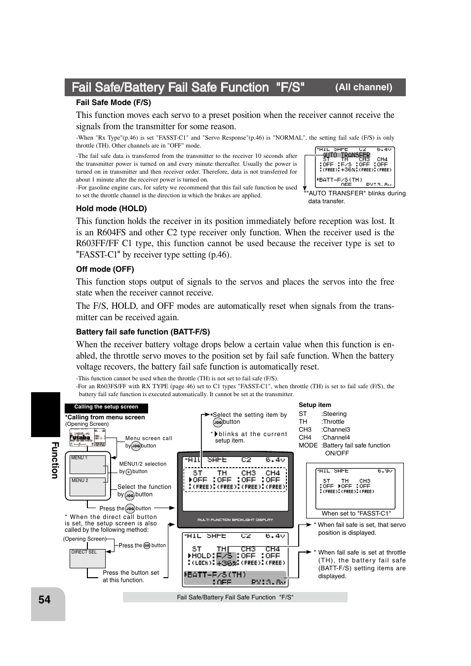 Fail safe/battery fail safe function "f/s, Fu n c tio n, All channel) | Futaba 4PK 2.4GHz User Manual | Page 53 / 125