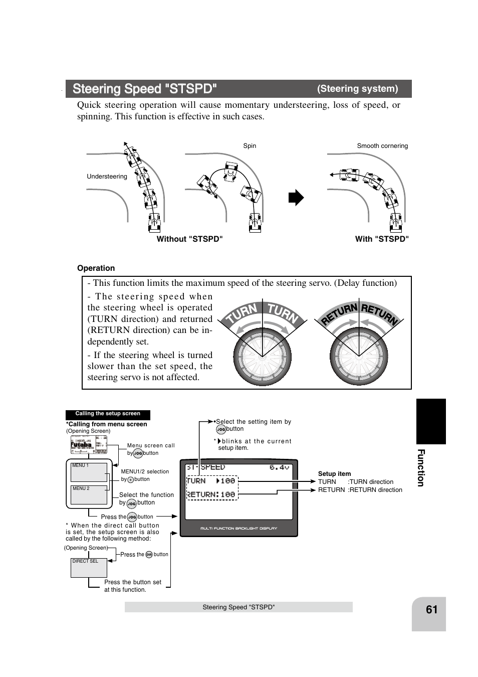 Steering speed "stspd, Tu rn turn, Fu n c tio n | Futaba 4PK 2.4GHz User Manual | Page 60 / 125