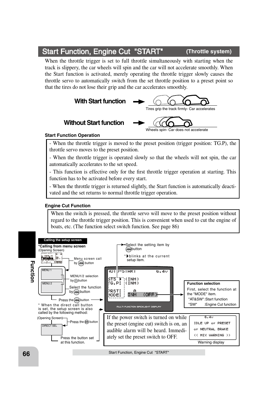 Start function, engine cut "start, Without start function with start function, Fu n c tio n | Futaba 4PK 2.4GHz User Manual | Page 65 / 125