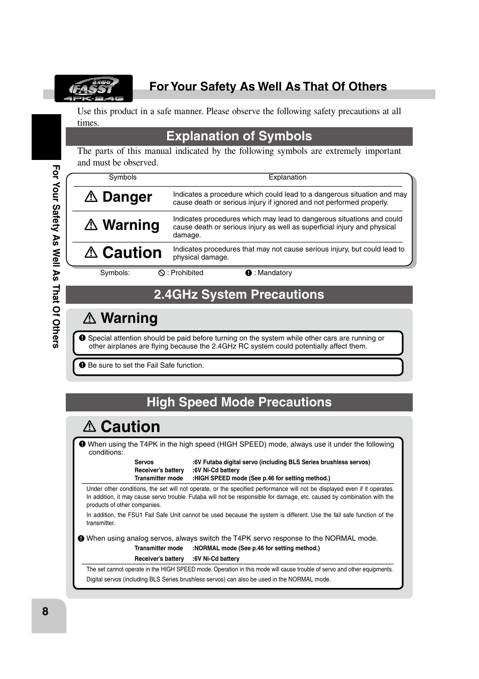 Caution, Ｎ warning ｎ, Ｎ danger | Explanation of symbols, 4ghz system precautions, High speed mode precautions, For your safety as well as that of others | Futaba 4PK 2.4GHz User Manual | Page 7 / 125