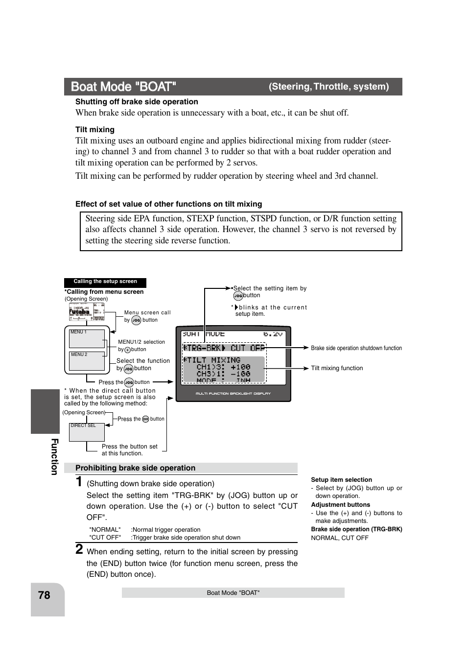 Boat mode "boat, Fu n c tio n, Steering, throttle, system) | Futaba 4PK 2.4GHz User Manual | Page 77 / 125