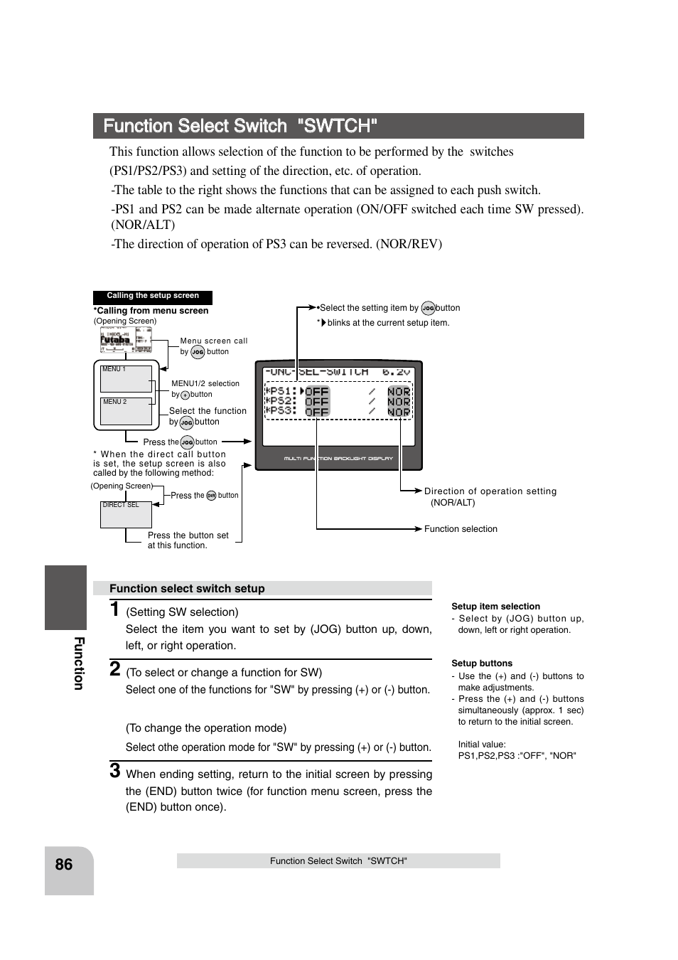 Function select switch "swtch, Fu n c tio n | Futaba 4PK 2.4GHz User Manual | Page 85 / 125