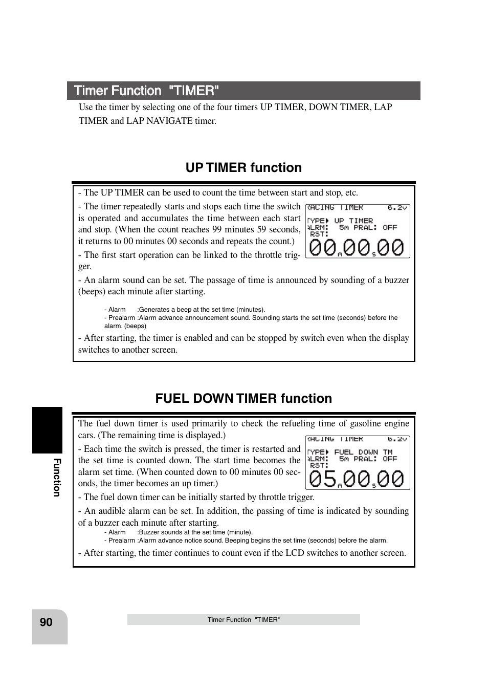 Timer function "timer, Up timer function, Fuel down timer function | Futaba 4PK 2.4GHz User Manual | Page 89 / 125