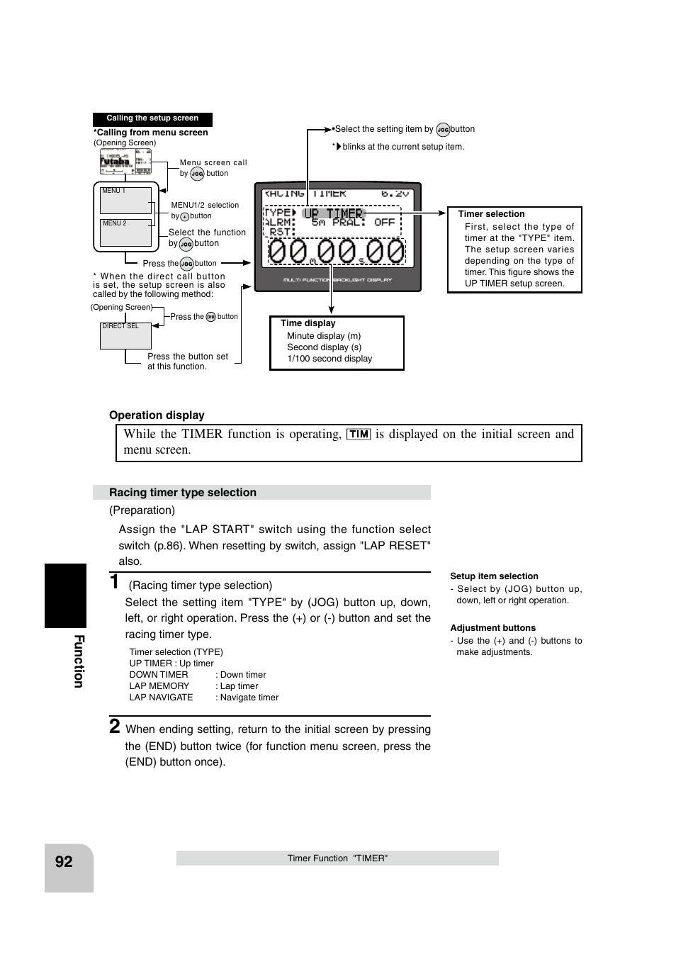 Fu n c tio n, While the timer function is operating, Is displayed on the initial screen and menu screen | Futaba 4PK 2.4GHz User Manual | Page 91 / 125