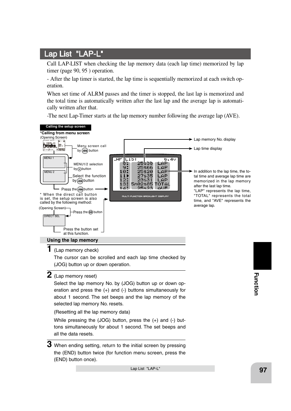 Lap list "lap-l, Fu n c tio n | Futaba 4PK 2.4GHz User Manual | Page 96 / 125