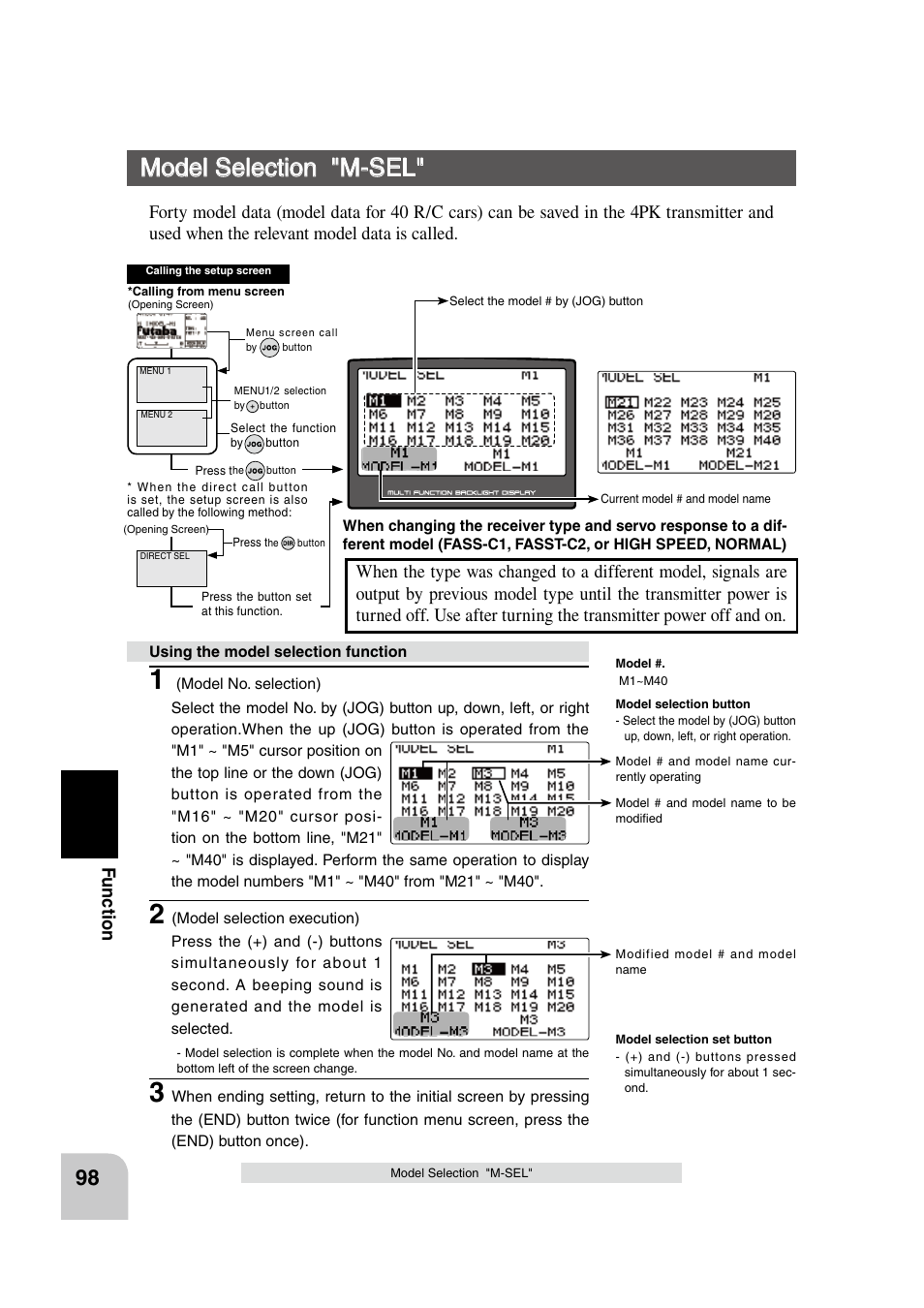 Model selection "m-sel, Fu n c tio n | Futaba 4PK 2.4GHz User Manual | Page 97 / 125