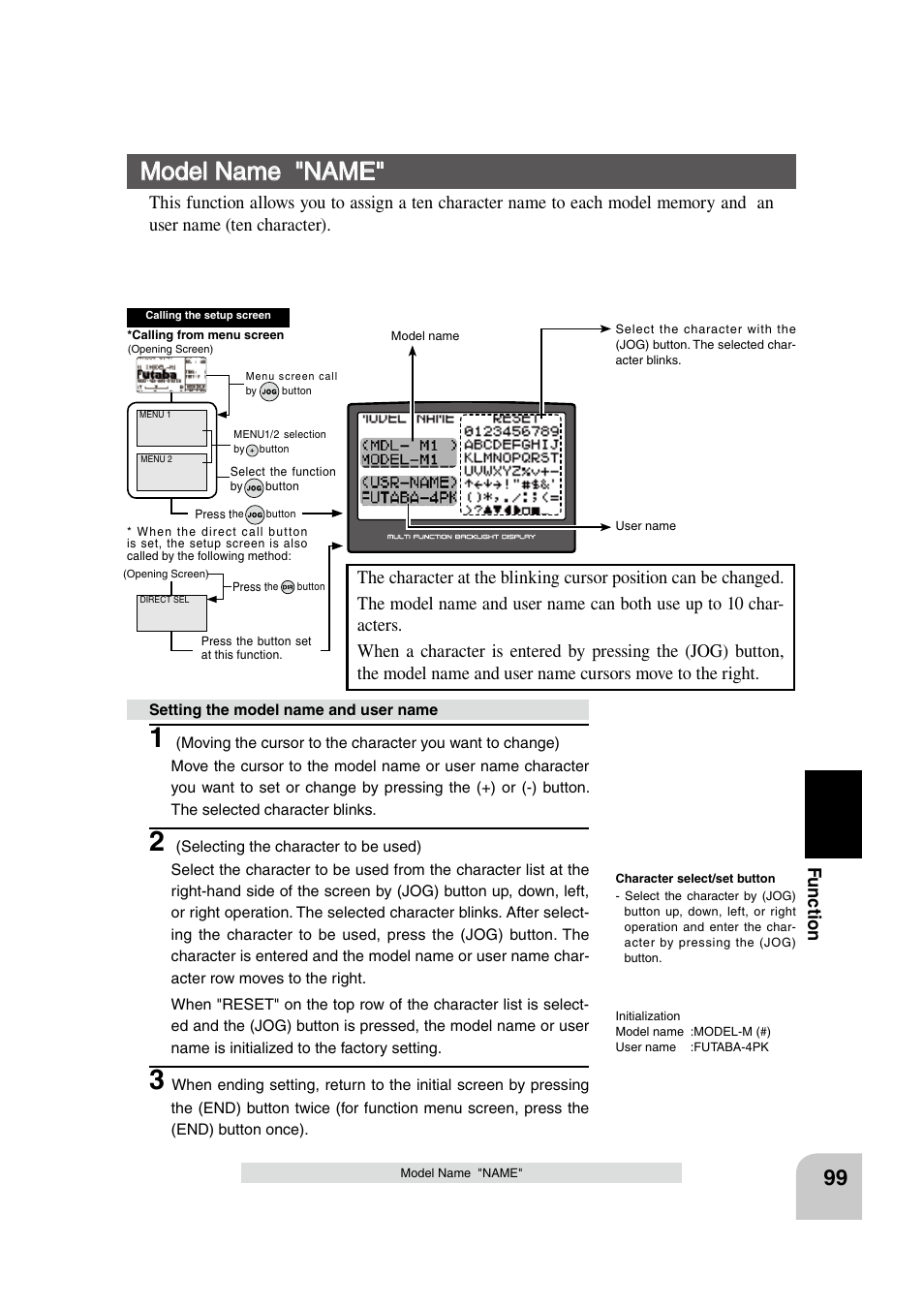 Model name "name, Fu n c tio n | Futaba 4PK 2.4GHz User Manual | Page 98 / 125