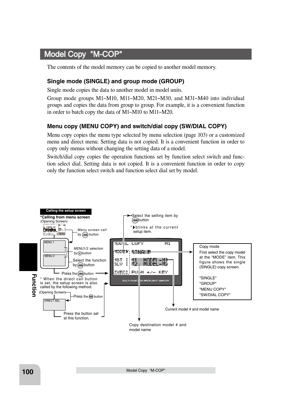 Model copy "m-cop, Fu n c tio n | Futaba 4PK 2.4GHz User Manual | Page 99 / 125