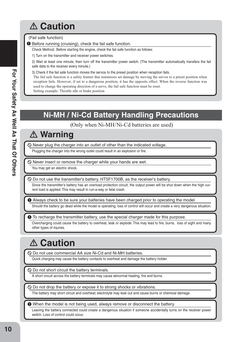Caution, Ｎ warning ｎ, Ni-mh / ni-cd battery handling precautions | Futaba 4PKS 2.4GHz User Manual | Page 10 / 129