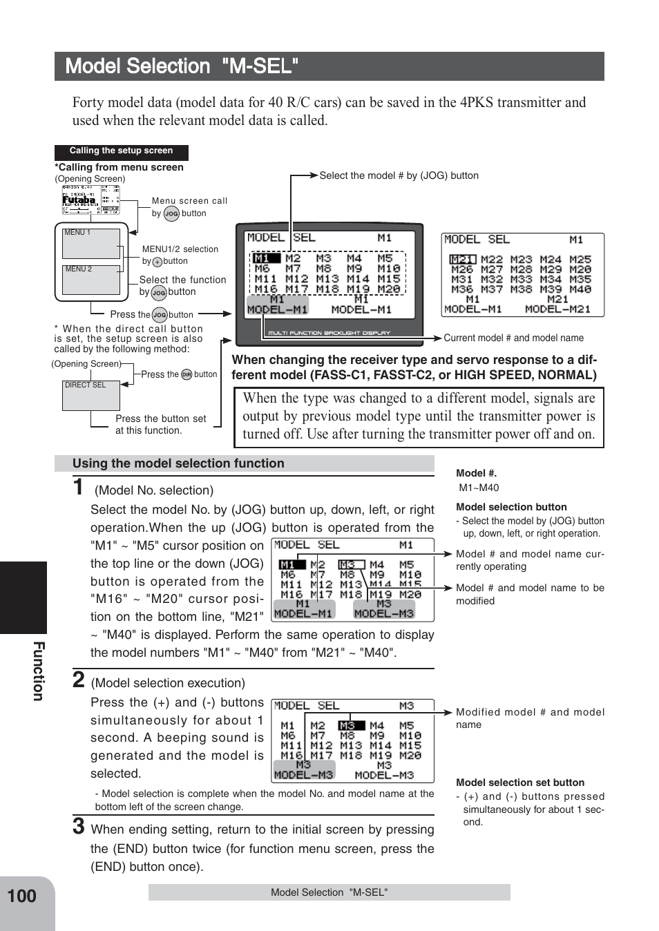 Model selection "m-sel, Fu n c tio n | Futaba 4PKS 2.4GHz User Manual | Page 100 / 129
