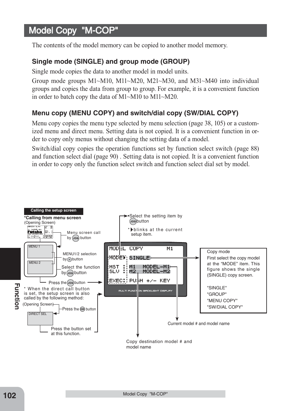Model copy "m-cop, Fu n c tio n | Futaba 4PKS 2.4GHz User Manual | Page 102 / 129