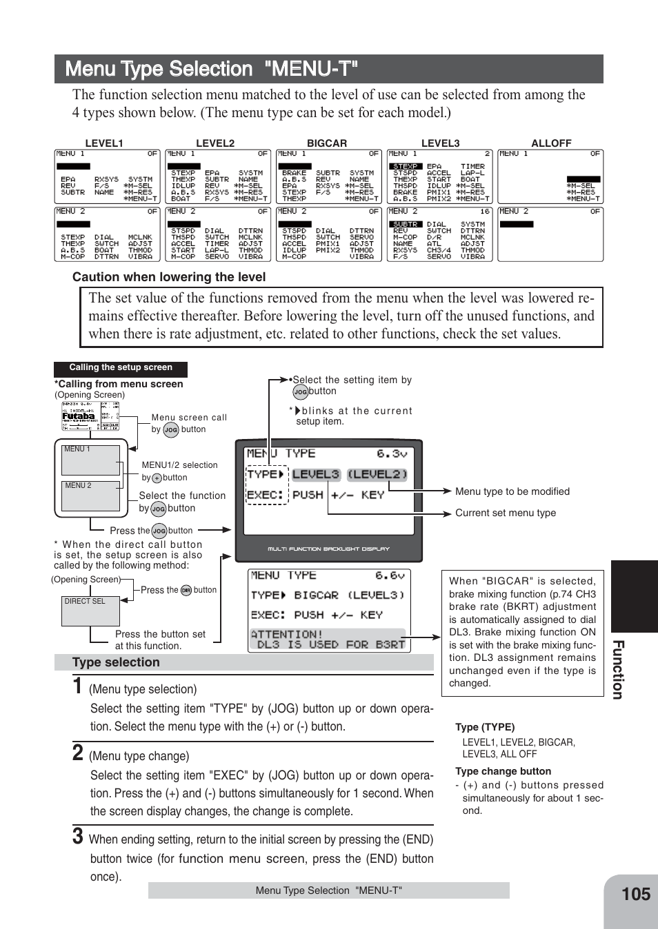Menu type selection "menu-t, Fu n c tio n | Futaba 4PKS 2.4GHz User Manual | Page 105 / 129