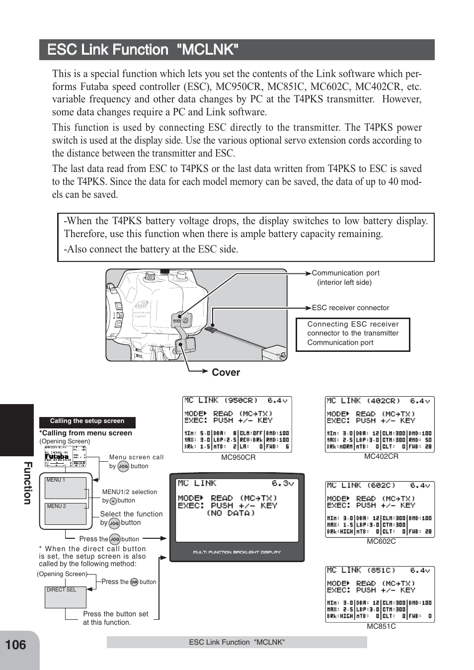 Esc link function "mclnk, Fu n c tio n, Cover | Futaba 4PKS 2.4GHz User Manual | Page 106 / 129